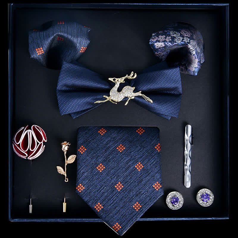 Coffret cadeau de 8 nœuds papillon de luxe bleu royal avec imprimé noble
