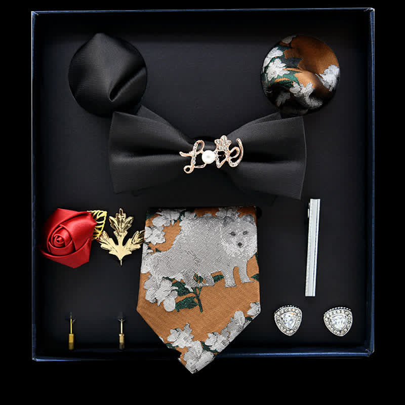 Lot de 8 nœuds papillon décontracté à motif floral noir et doré, coffret cadeau