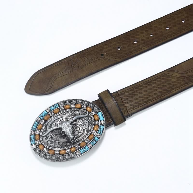Ceinture en cuir de taureau turquoise pour homme style western cowboy