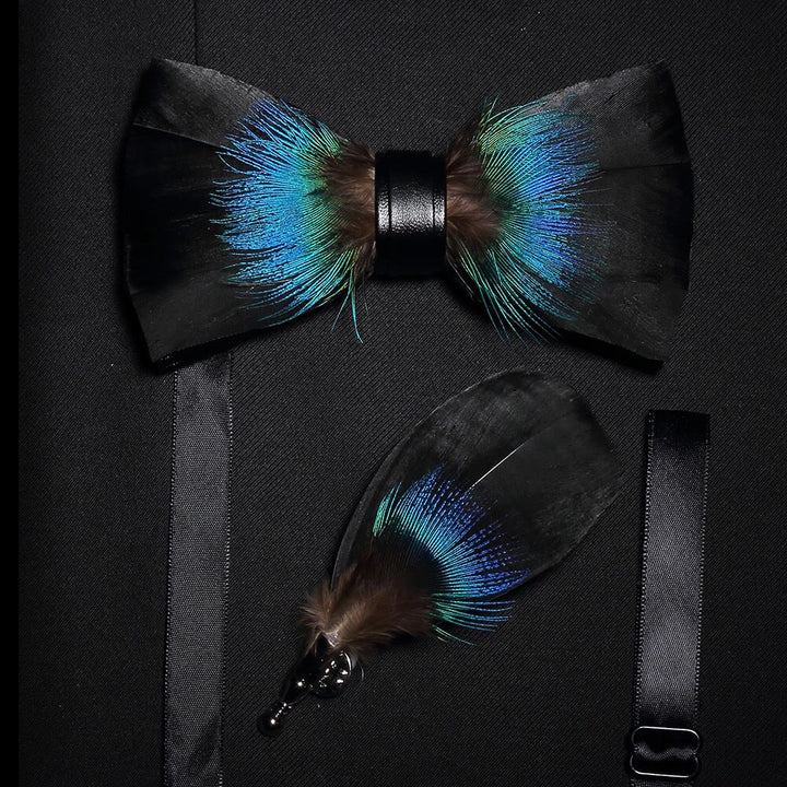 Nœud papillon polyvalent en plumes noir et bleu pour enfant avec épingle à revers