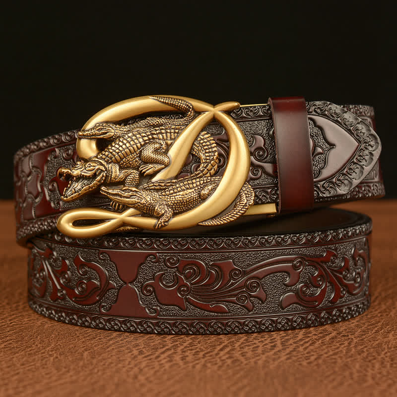 Ceinture en cuir gaufré avec boucle crocodile pour homme