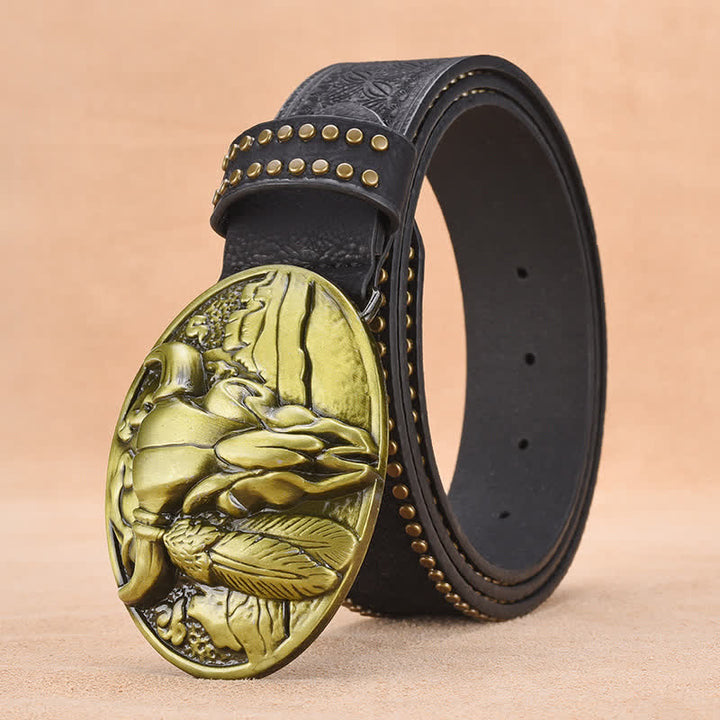 Ceinture en cuir avec boucle et rivets pour homme avec tête de taureau