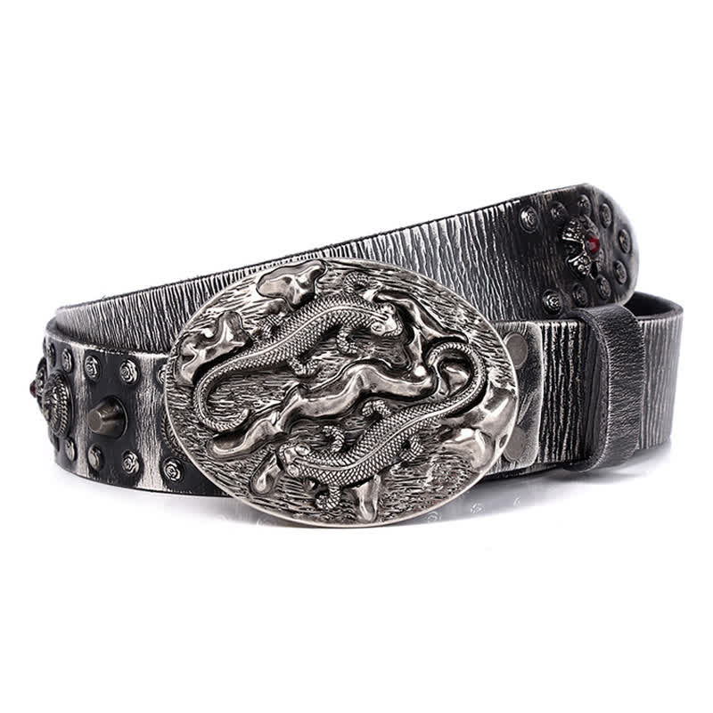 Ceinture en cuir cloutée à ornement lion rubis pour homme