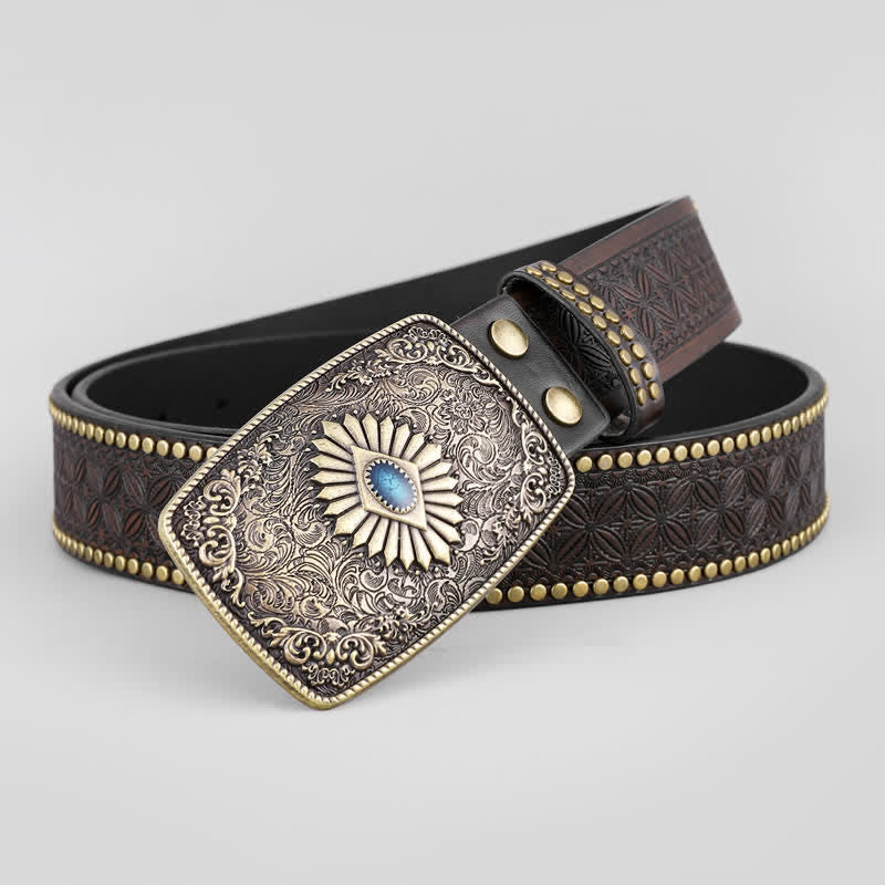 Ceinture en cuir gravée de fleurs rétro pour homme