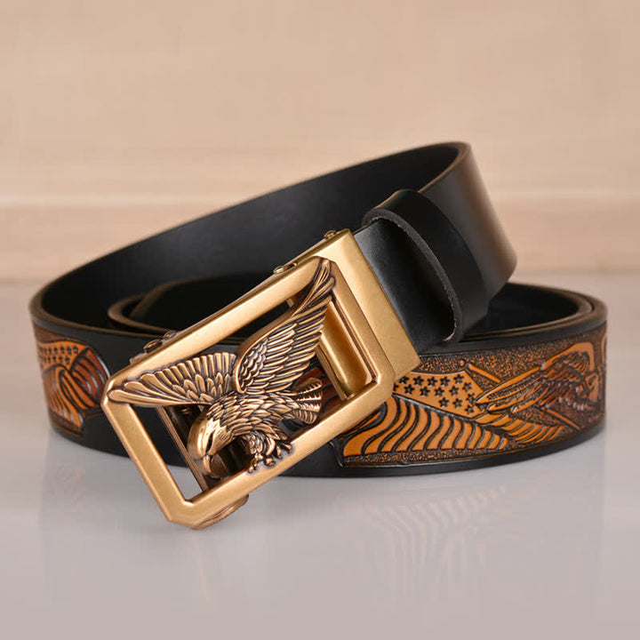 Ceinture en cuir gaufré à boucle aigle creuse pour homme