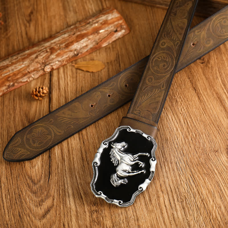 Ceinture en cuir noir argenté pour homme avec cheval au galop