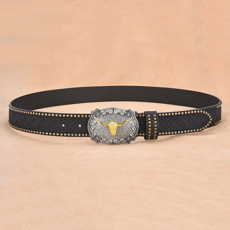 Ceinture en cuir de taureau à longues cornes dorées et rivets punk pour homme