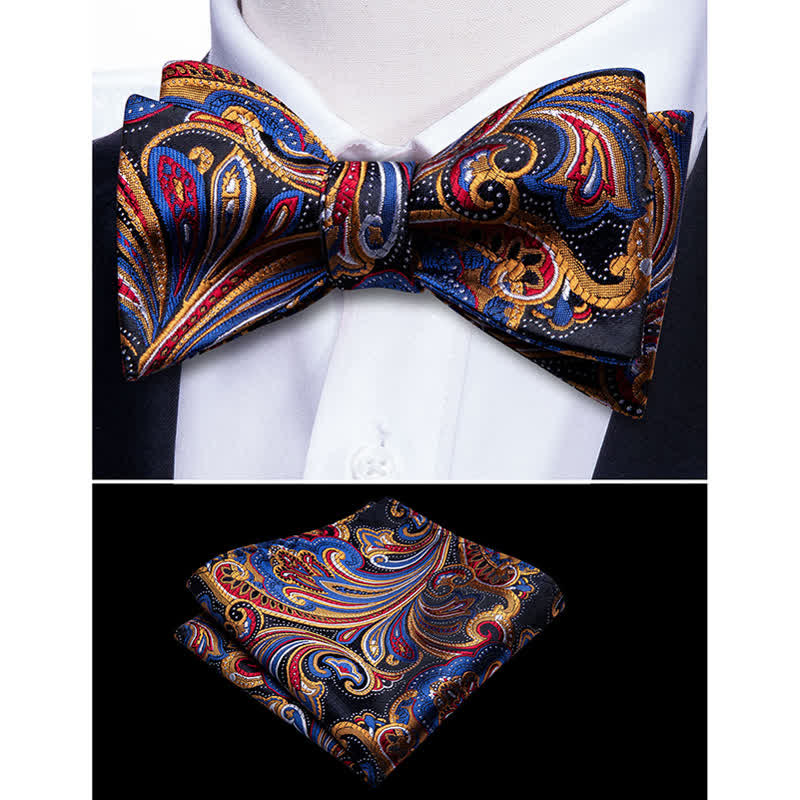 Lot de 2 mouchoirs de poche pour homme avec nœud papillon et motif cachemire doré et bleu