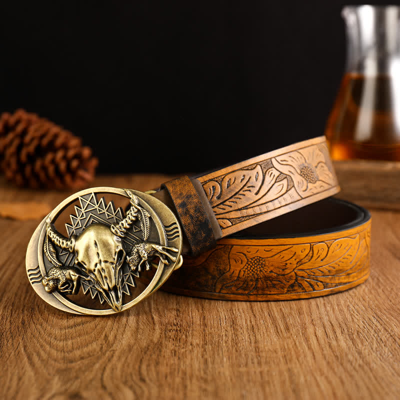Ceinture en cuir avec boucle en forme de tête de taureau pour homme