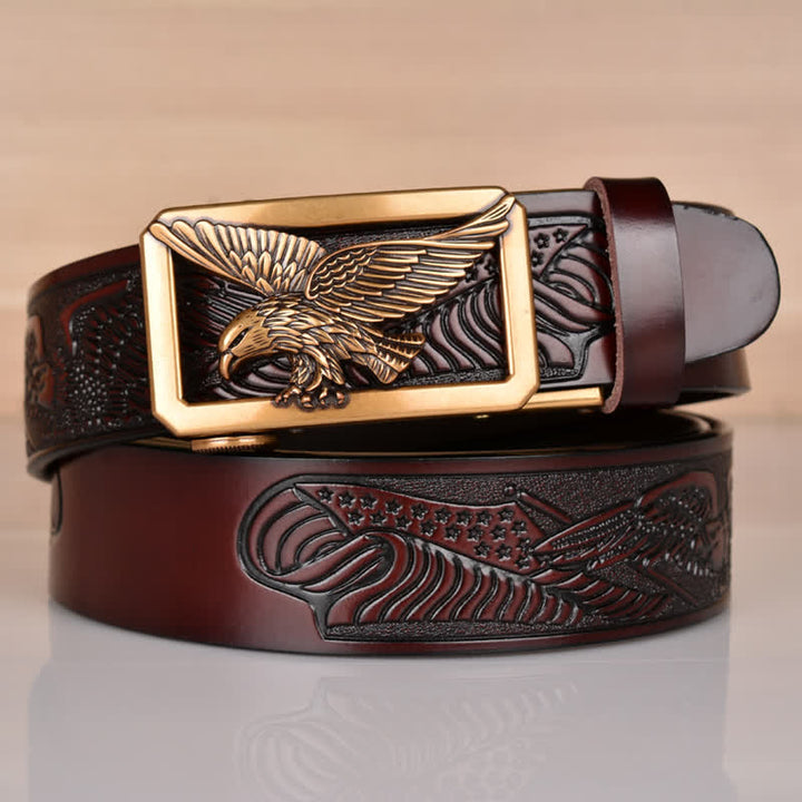 Ceinture en cuir gaufré à boucle aigle creuse pour homme