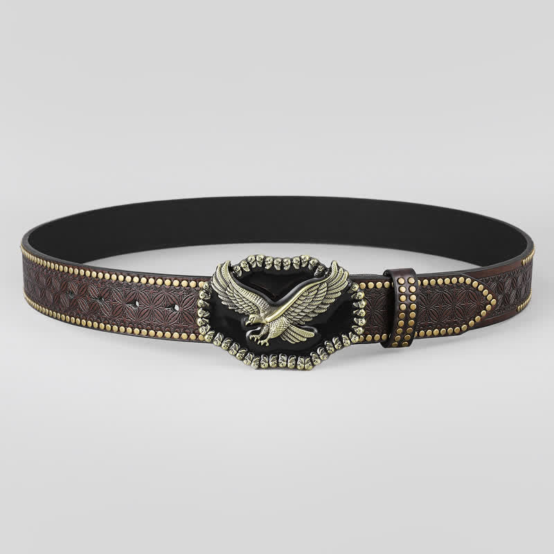 Ceinture en cuir cloutée style western pour homme avec motif aigle en plein vol