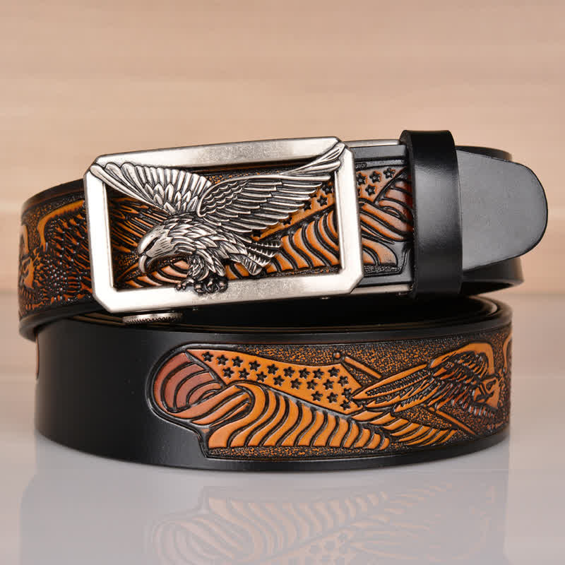 Ceinture en cuir gaufré à boucle aigle creuse pour homme