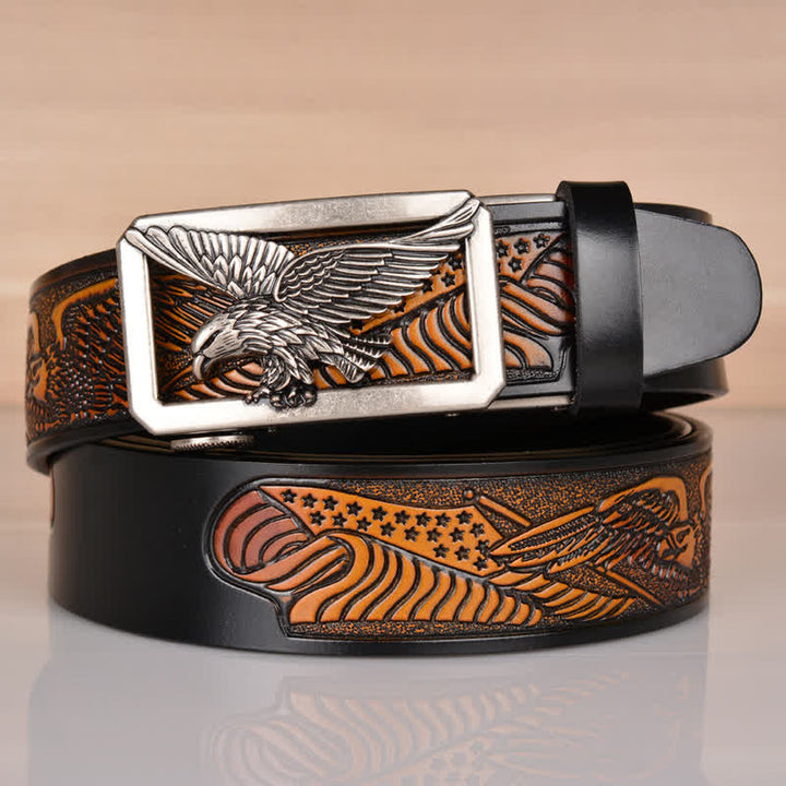 Ceinture en cuir gaufré à boucle aigle creuse pour homme