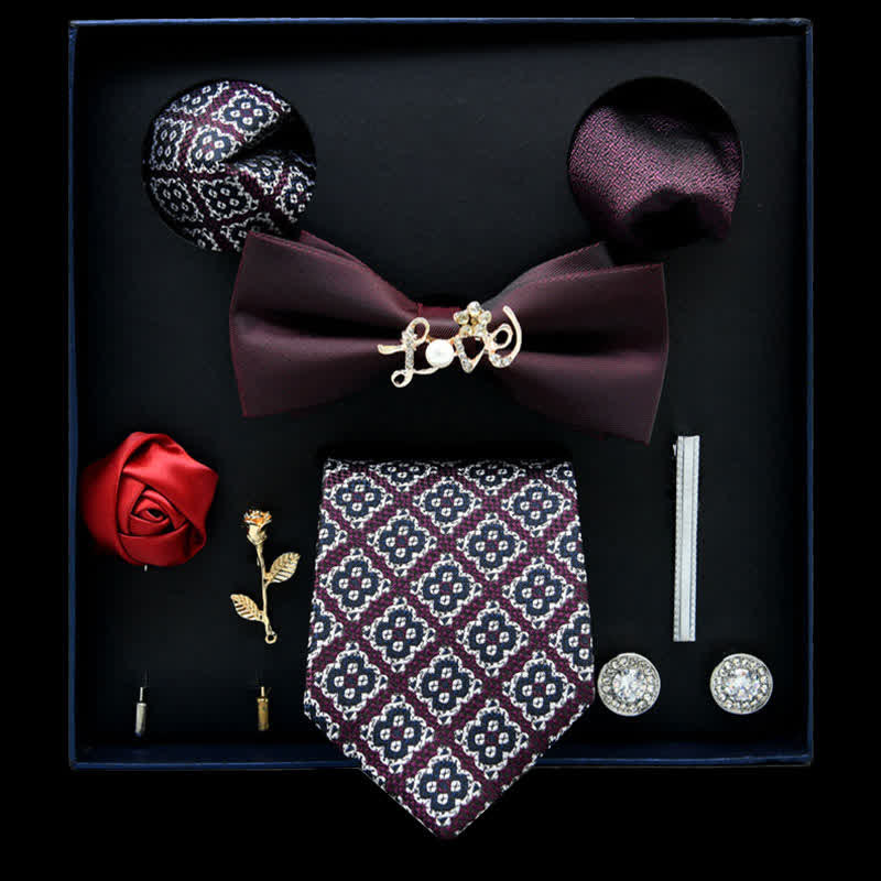 Lot de 8 nœuds papillon décontracté à fleurs bordeaux et blanches, coffret cadeau