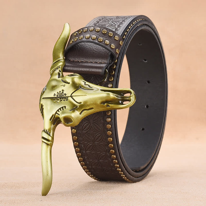 Ceinture en cuir gaufré à rivets tête de bétail western pour homme