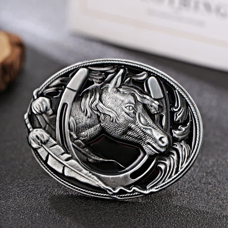 Ceinture en cuir avec boucle en émail noir pour homme en forme de fer à cheval