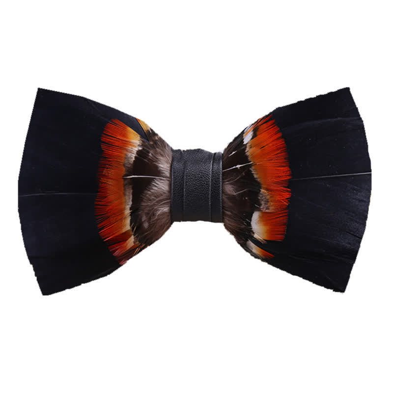 Nœud papillon à plumes noir et orange avec épingle à revers
