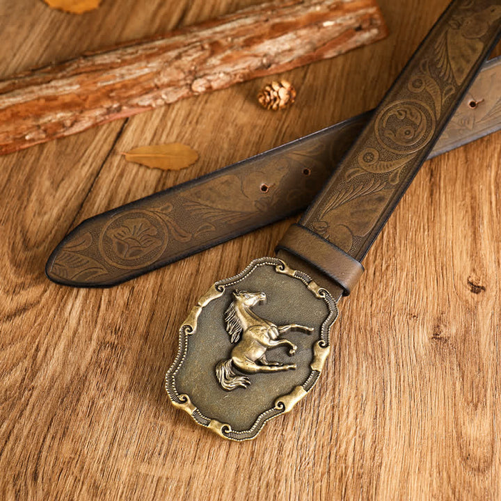 Ceinture en cuir noir argenté pour homme avec cheval au galop