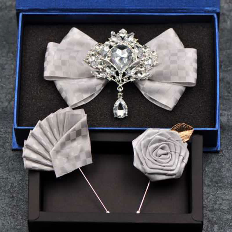 Ensemble de 3 broches et nœuds papillon à carreaux en strass