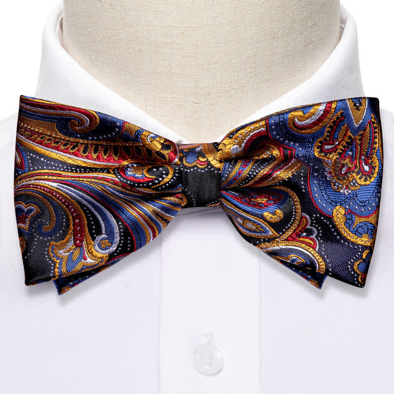 Lot de 2 mouchoirs de poche pour homme avec nœud papillon et motif cachemire doré et bleu