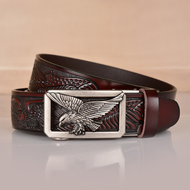 Ceinture en cuir gaufré à boucle aigle creuse pour homme