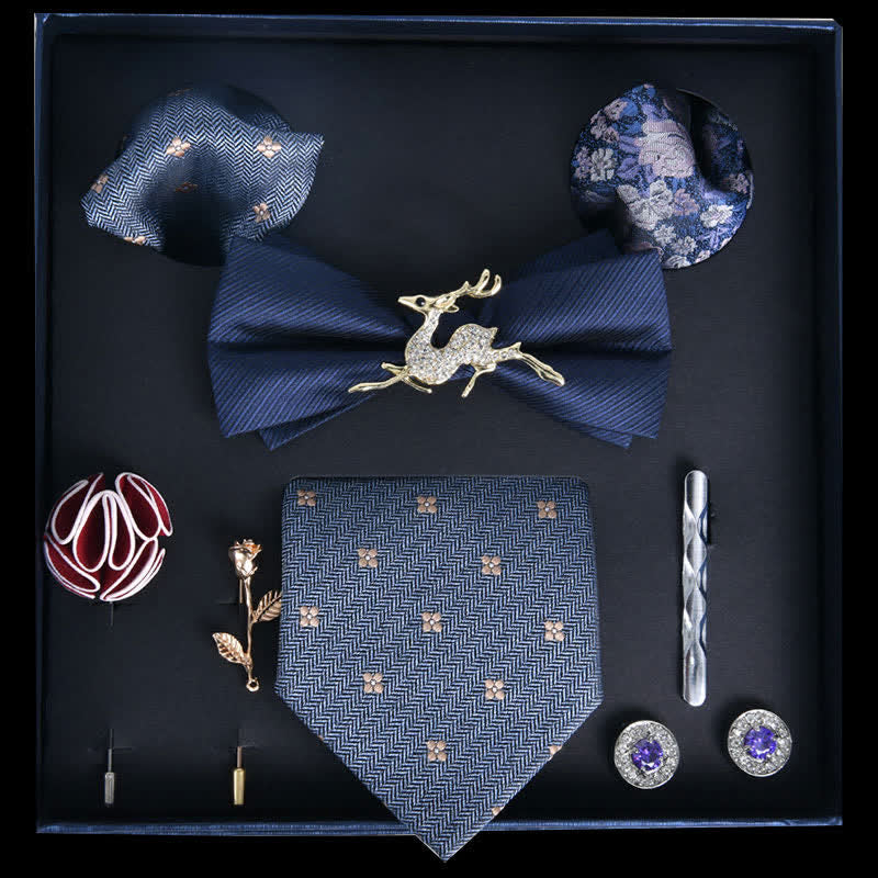 Coffret cadeau de 8 nœuds papillon de luxe bleu acier avec imprimé noble