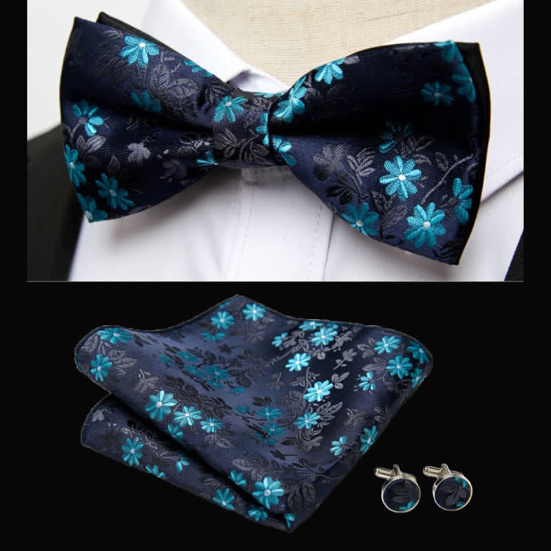 Ensemble de 3 mouchoirs de poche pour hommes avec nœud papillon à motif floral bleu sarcelle et noir
