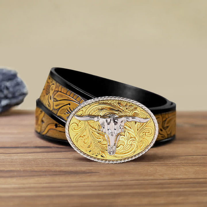 Ceinture en cuir à boucle tête de taureau dorée brillante pour homme