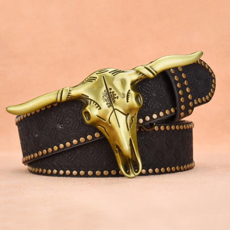 Ceinture en cuir gaufré à rivets tête de bétail western pour homme