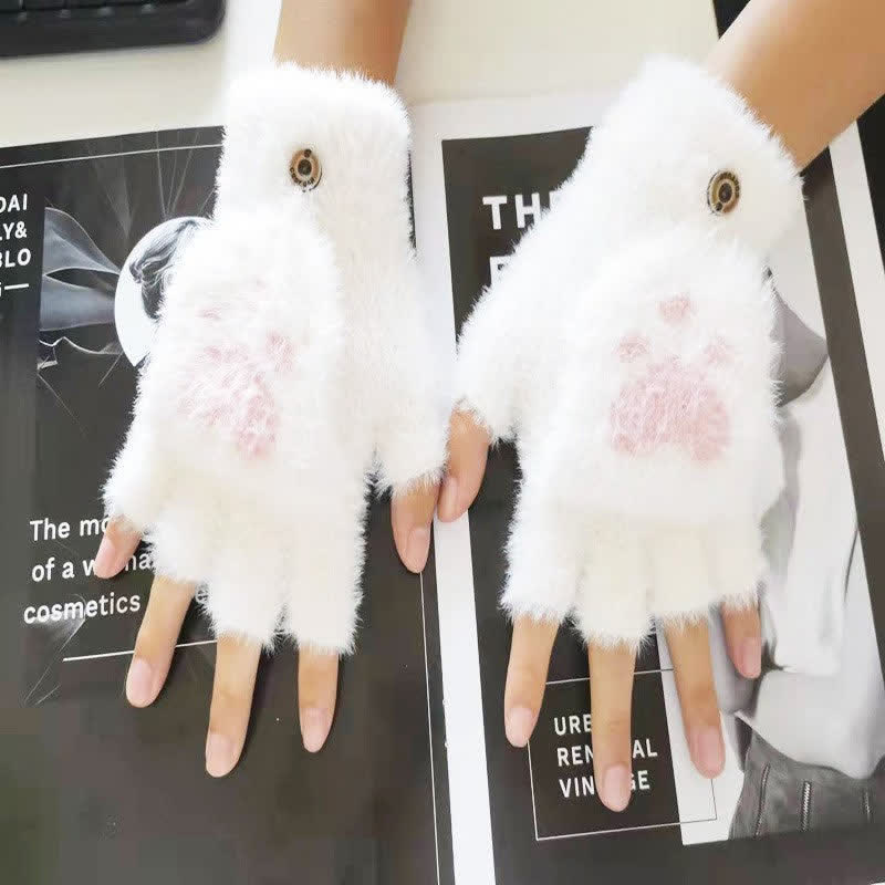 Mitaines chaudes à imprimé pattes de chat pour femmes, gants moelleux
