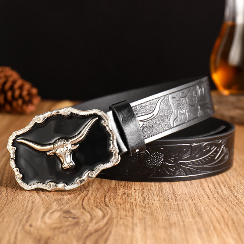 Ceinture en cuir noir pour homme avec tête de taureau Western Longhorn