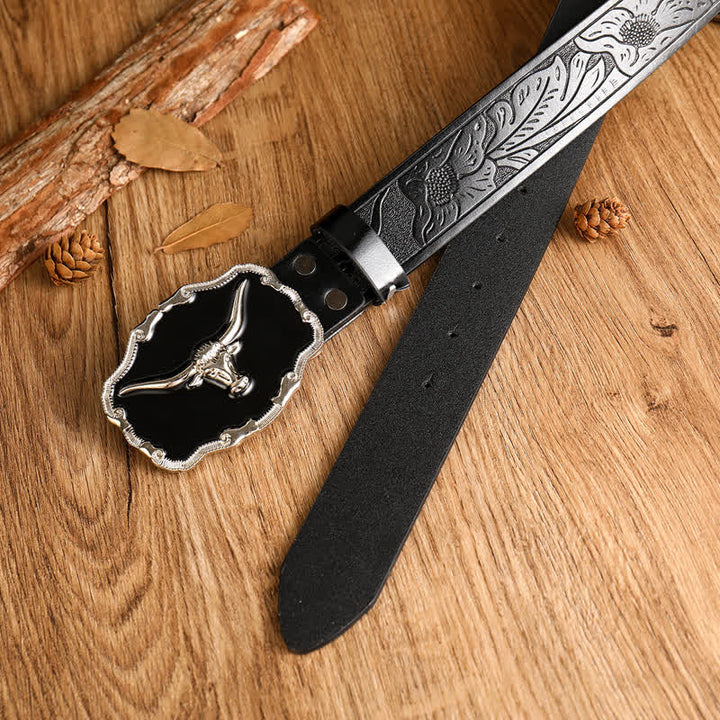Ceinture en cuir noir pour homme avec tête de taureau Western Longhorn