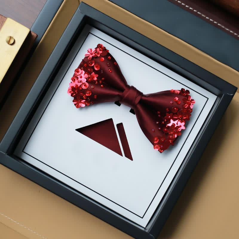 Pochette de costume à paillettes pour homme avec noeud papillon fleuri