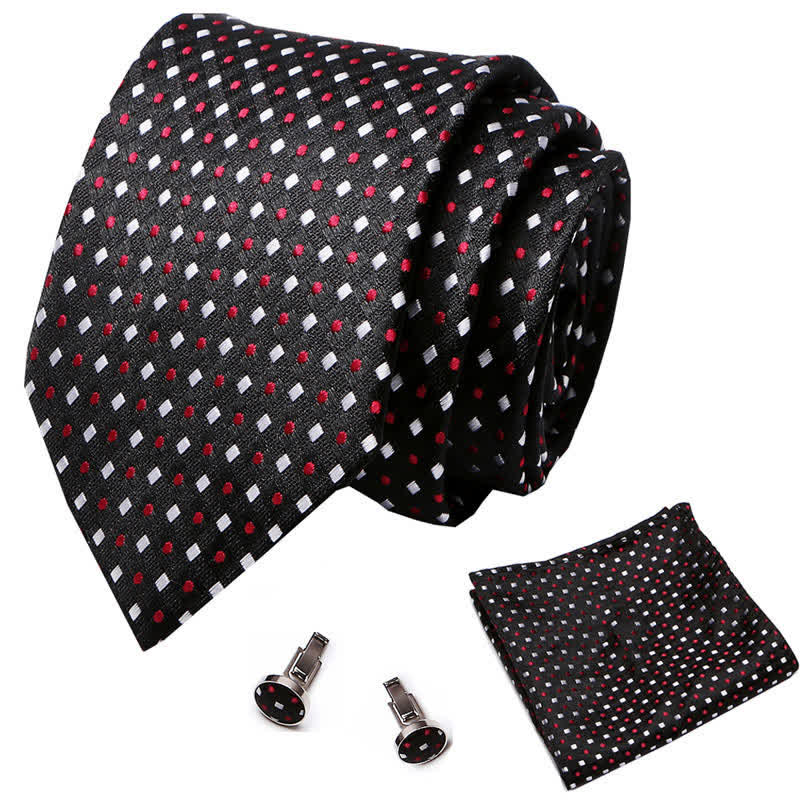 Ensemble de 3 cravates noires à pois rouges et à carrés blancs pour hommes
