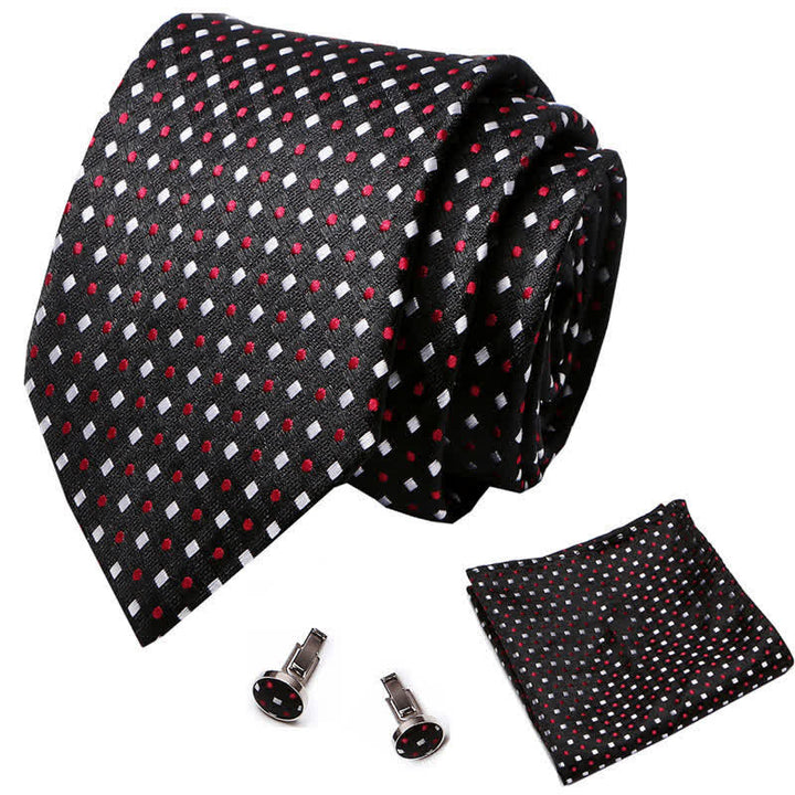Ensemble de 3 cravates noires à pois rouges et à carrés blancs pour hommes