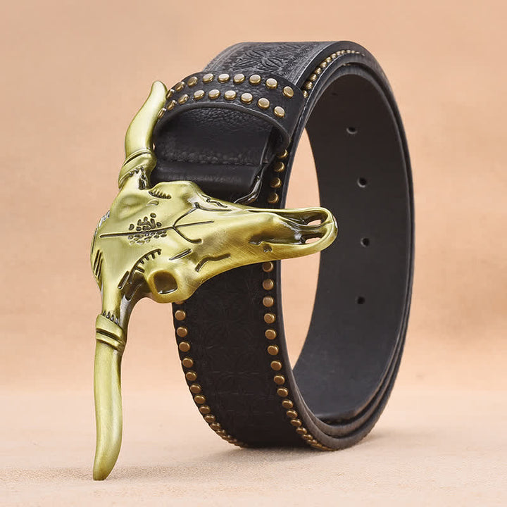 Ceinture en cuir gaufré à rivets tête de bétail western pour homme