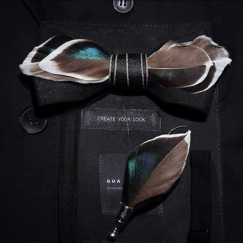 Nœud papillon en plumes de canard colvert noir pour enfant avec épingle à revers