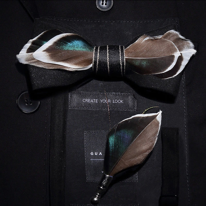 Nœud papillon en plumes de canard colvert noir pour enfant avec épingle à revers