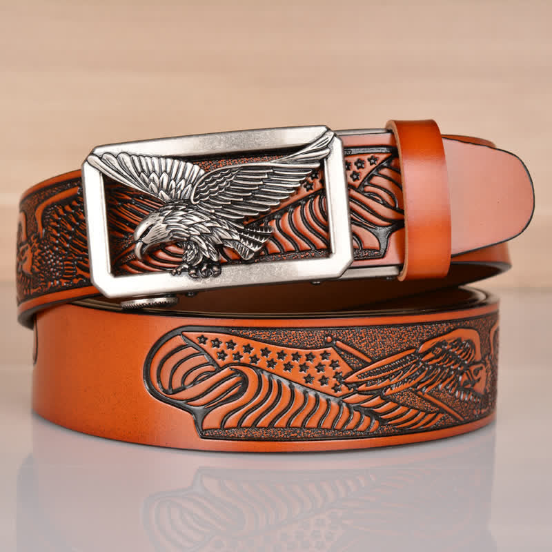 Ceinture en cuir gaufré à boucle aigle creuse pour homme