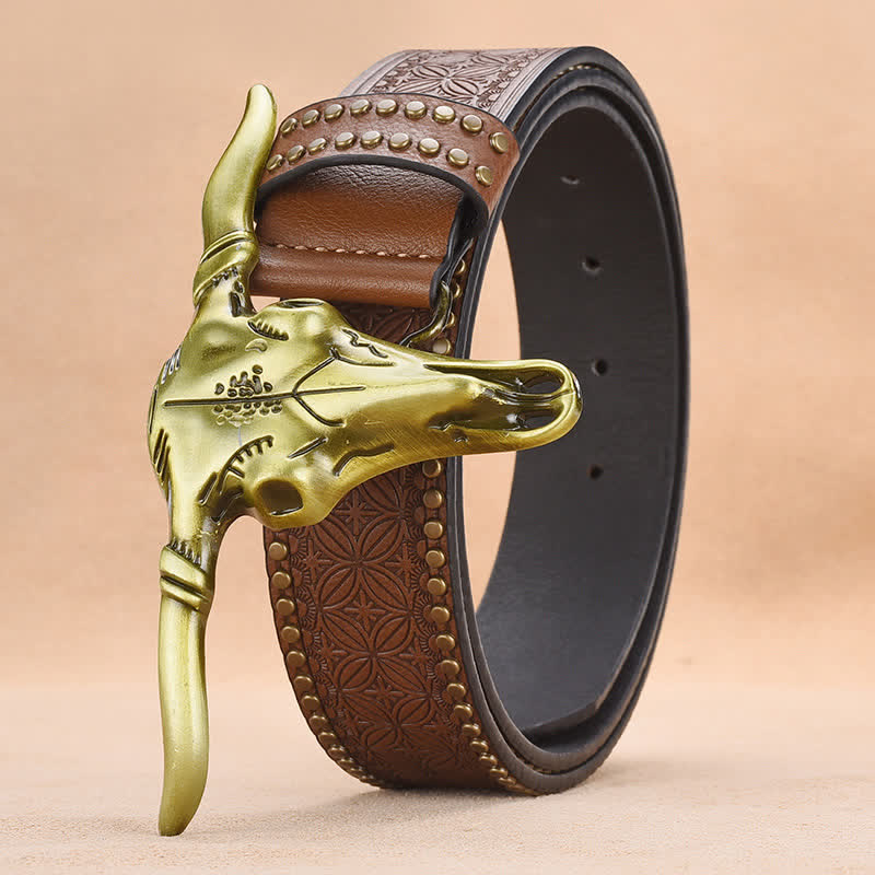 Ceinture en cuir gaufré à rivets tête de bétail western pour homme