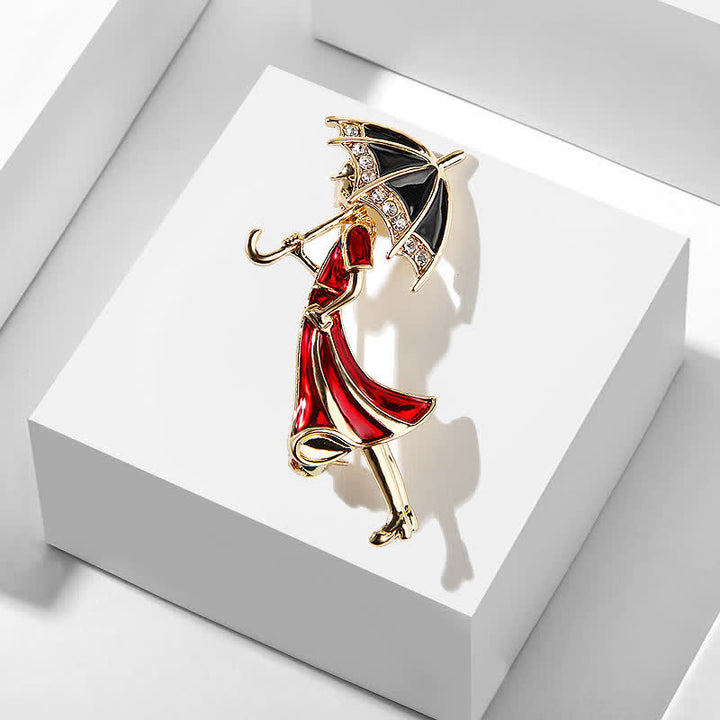 Broche femme en forme de parapluie rouge