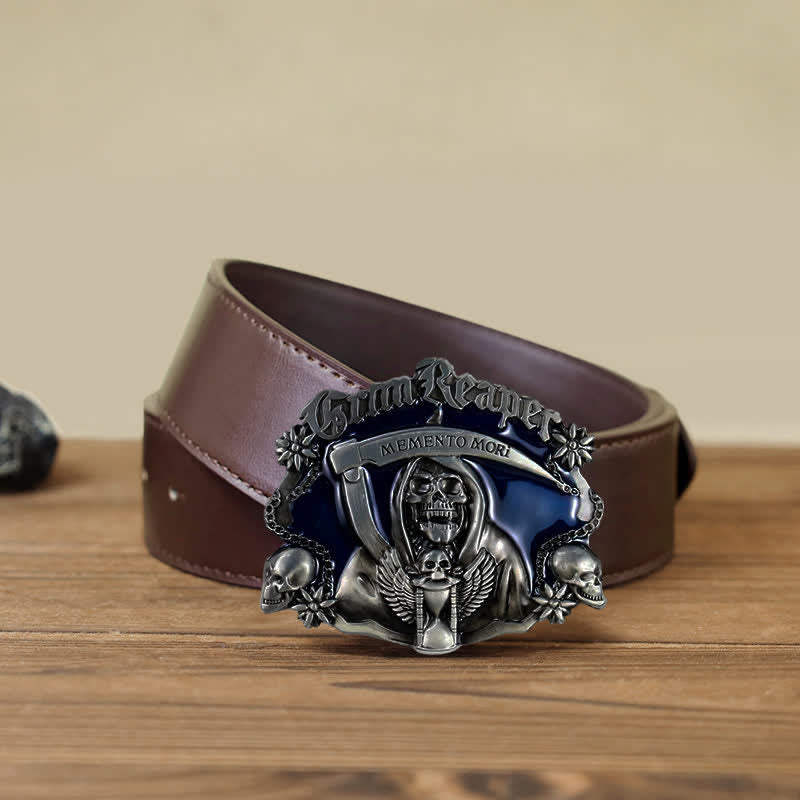 Ceinture en cuir à boucle tête de mort et faucille pour homme