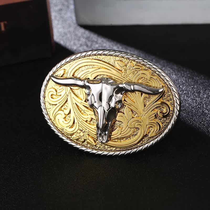 Ceinture en cuir à boucle tête de taureau dorée brillante pour homme