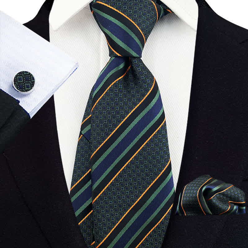 Ensemble de 3 cravates à rayures vertes et bleu marine vintage pour homme