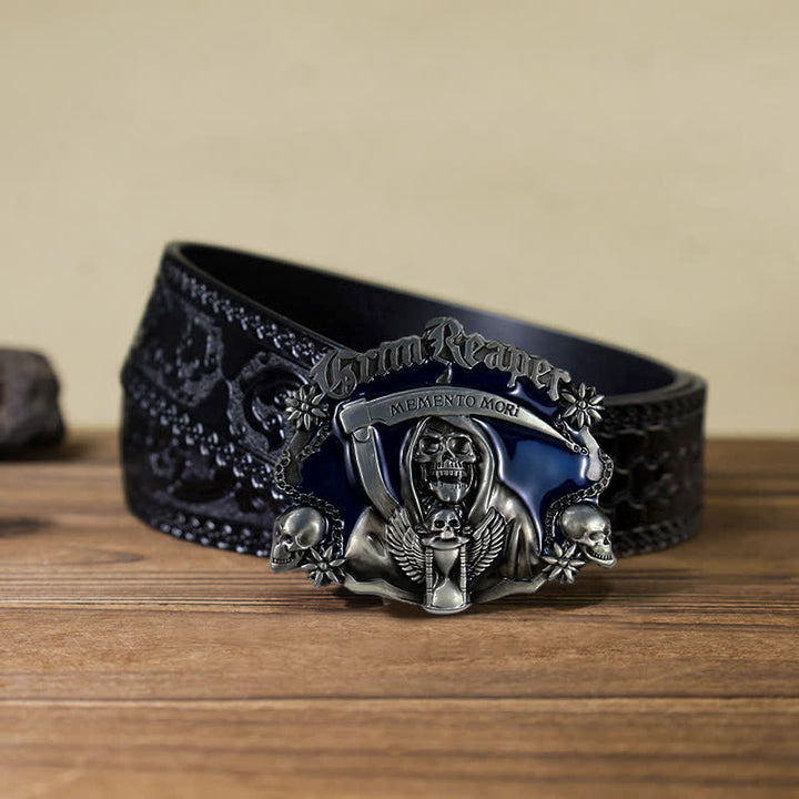 Ceinture en cuir à boucle tête de mort et faucille pour homme