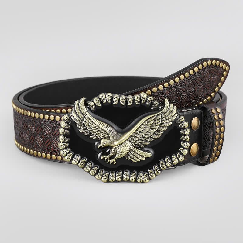 Ceinture en cuir cloutée style western pour homme avec motif aigle en plein vol