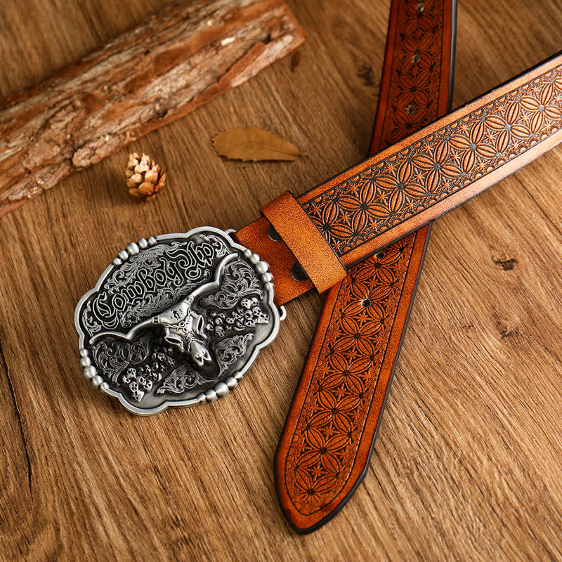 Ceinture en cuir de taureau avec tête de mort et motif de cowboy gothique pour homme