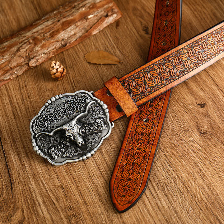 Ceinture en cuir de taureau avec tête de mort et motif de cowboy gothique pour homme