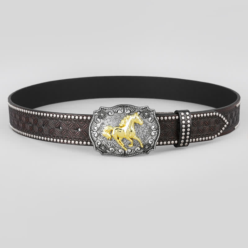 Ceinture en cuir pour homme avec décor de rivets et cheval de course doré