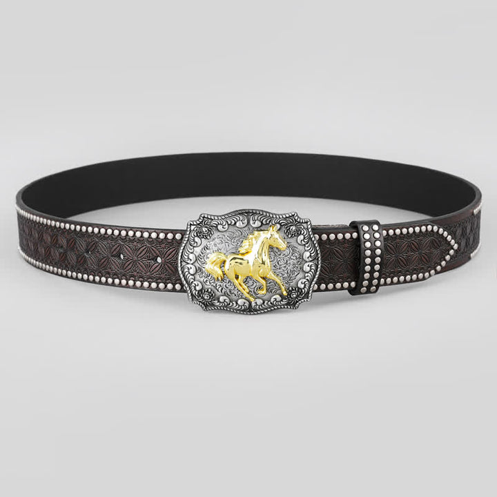 Ceinture en cuir pour homme avec décor de rivets et cheval de course doré